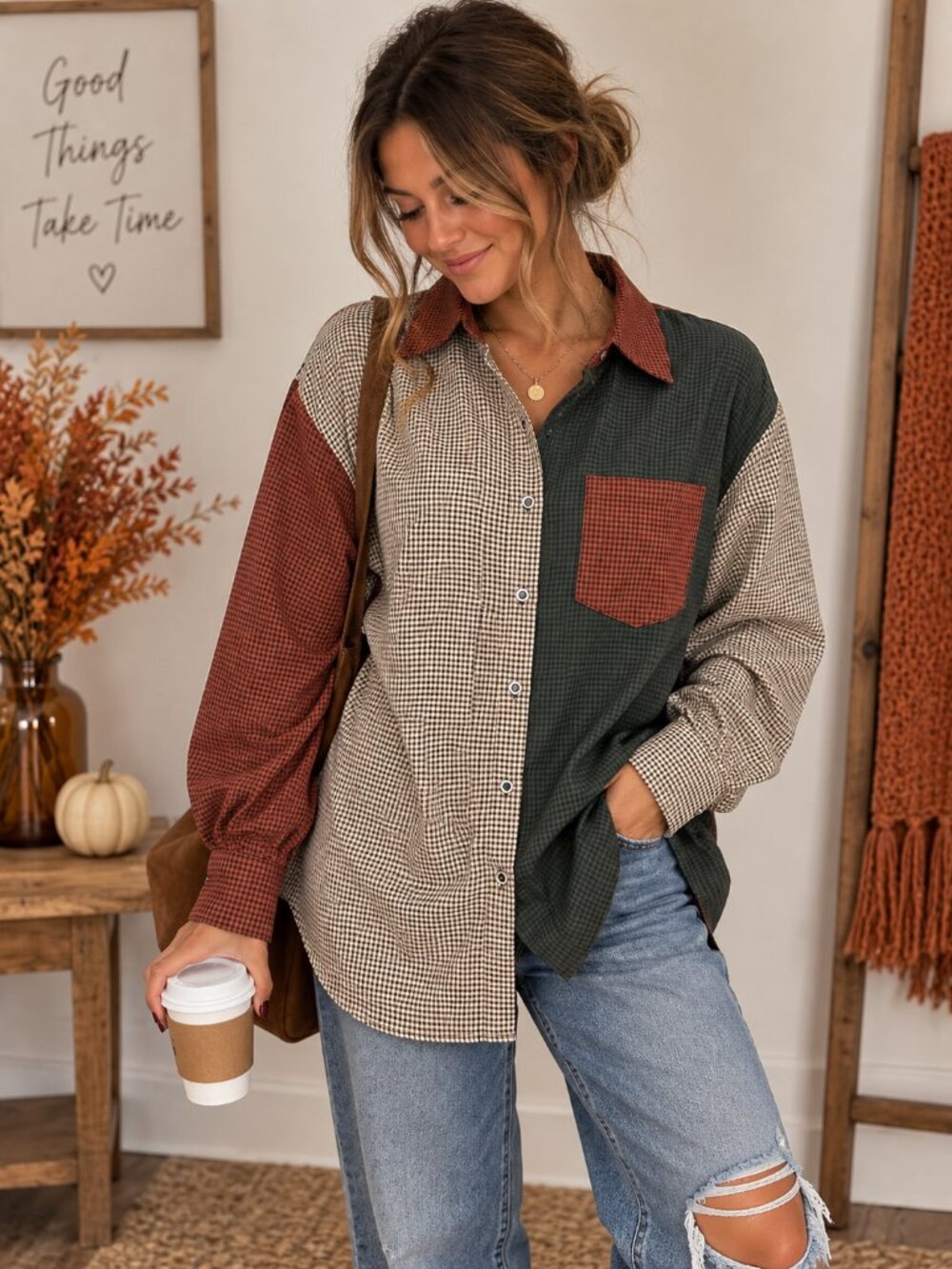 Gilded Intent Size L Button Down Top Patchwork Gingham Paid Boyfriend Fit Brown